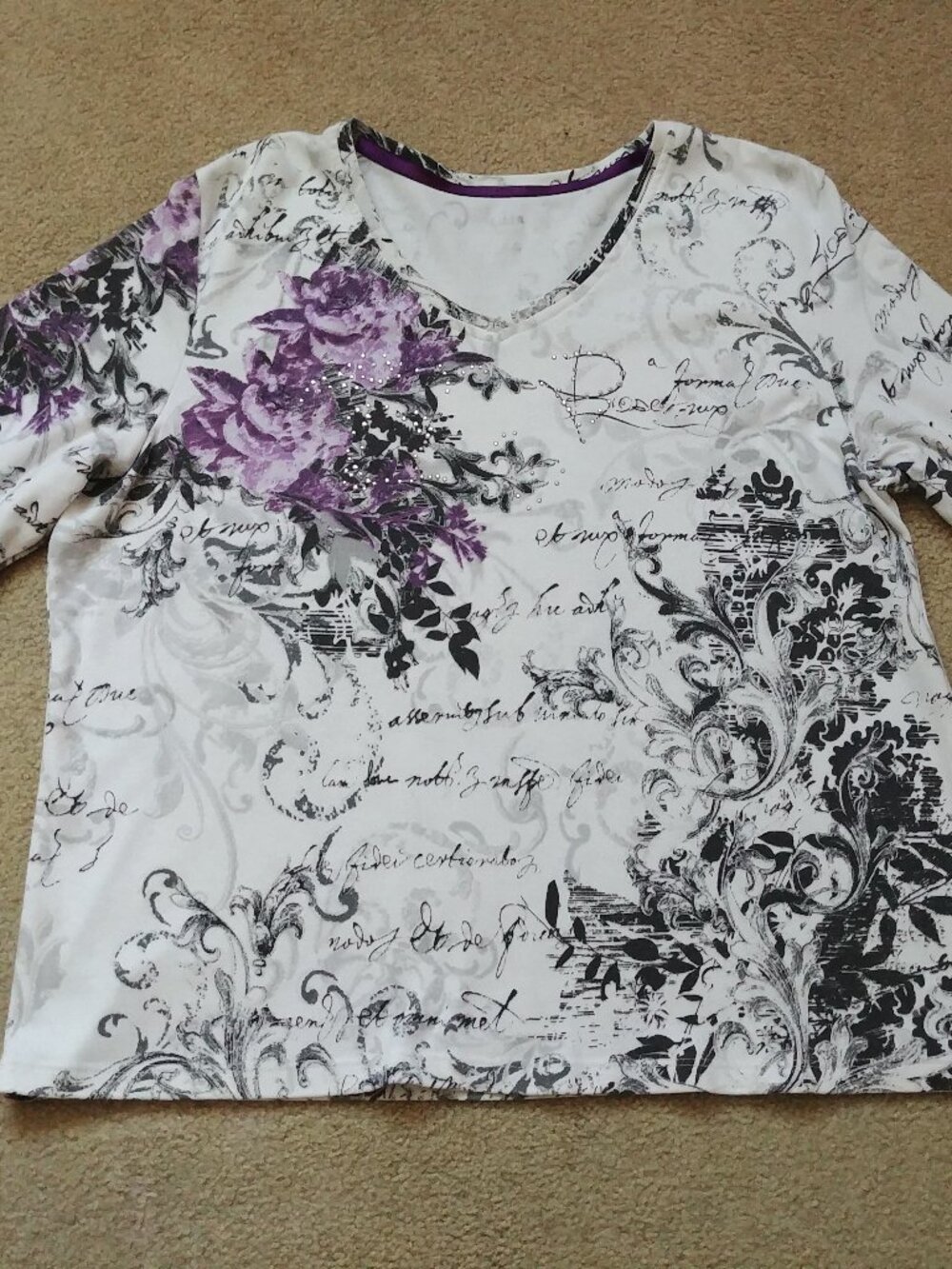 Alia Top, Size Petite Large, Cotton/Polyester, White/Purple/Black Design